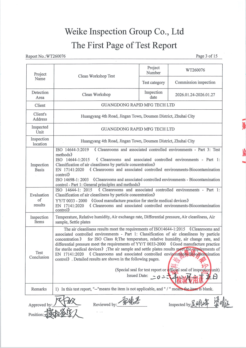 Cleanroom Test Report